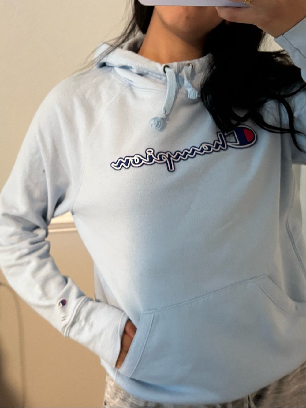 Champion Light Blue Pullover Hoodie with Script Logo